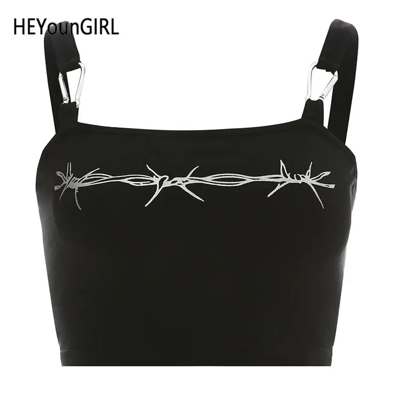 Черный HEYounGIRL Harajuku черный женский топ на бретелях с принтом без рукавов укороченные топы футболки Женский Повседневный короткий жилет Летний Топ уличная одежда - Цвет: Черный