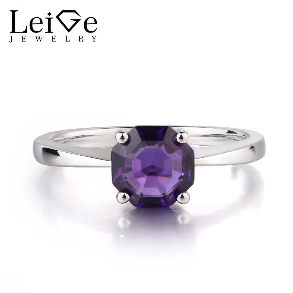 

Leige Jewelry Real Amethyst Purple Color Octagon Cut Engagement Solitaire Rings For Woman 925 Sterling Silver