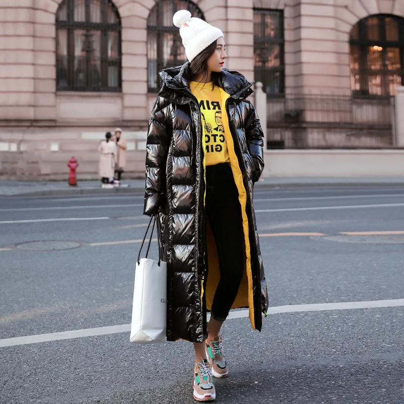 Зимняя черная блестящая хлопковая куртка Женское пальто с капюшоном теплое