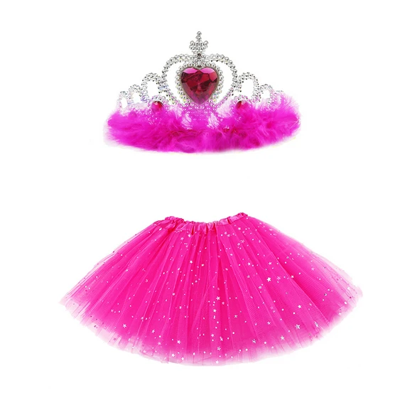 Hot pink 2 шт./компл. одежда для маленьких девочек, блестящее юбка-пачка с украшением в виде короны, Детская повязка на голову из 3 слоев тюля юбки; Джинсовая юбка для принцессы вечерние танцевальный костюм - Цвет: Hot pink