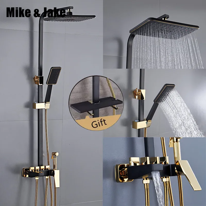 Bathroom Luxury black Golden shower set message with shelf gold bathroom Shower faucet Bathtub Faucet Sets Обустройство дома