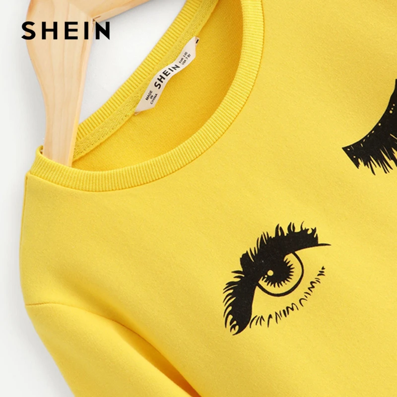 SHEIN kids/милые толстовки с принтом ресниц и желтыми глазами для девочек; топы для девочек; коллекция года; сезон весна; пуловер с длинными рукавами для девочек; детская одежда