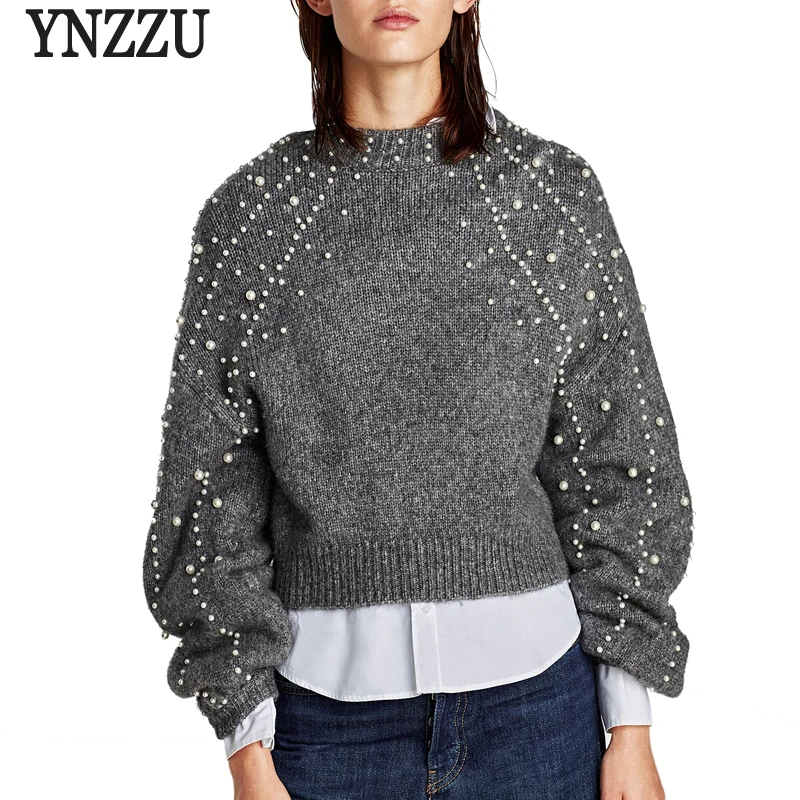 

YNZZU Pearl Beaded Lantern Sleeve Loose Wool Sweater Jumper Vintage Gray Short Warm Women Sweater and Pullover High Quality T119