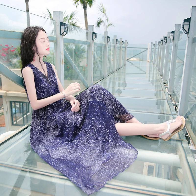 Женское шифоновое платье без рукавов повседневное длинное с высокой талией и