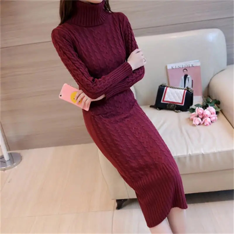 Осень-зима 2019 повседневное длинное вязаное платье-свитер с высоким воротником