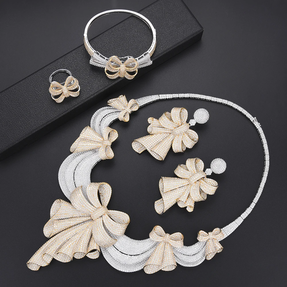 

LARRAURI Trendy Big Bow Pendant Statement Bangle Earrings Necklace Ring 4PCS Party Bridal Wedding Jewelry Sets For Women 2019