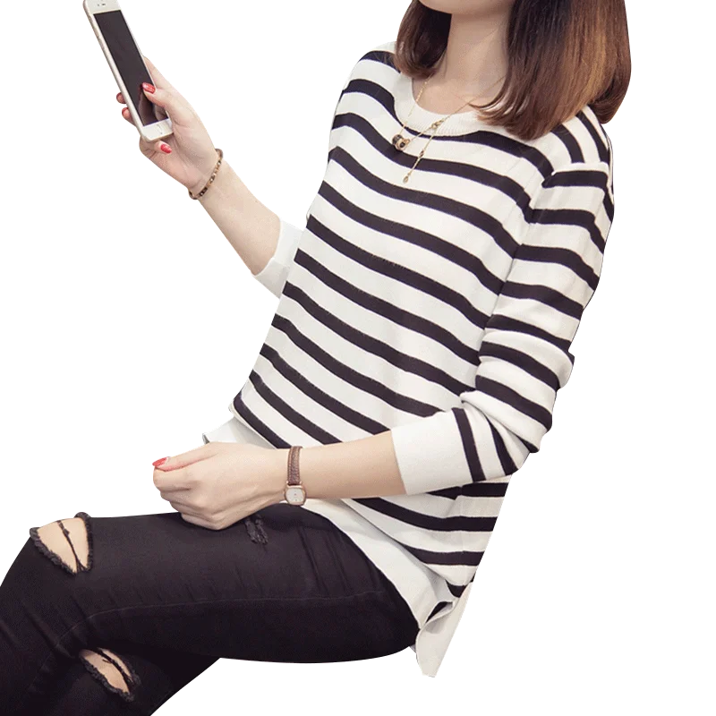Модный свитер в черно-белую полоску Корейская версия 2018 | Женская одежда