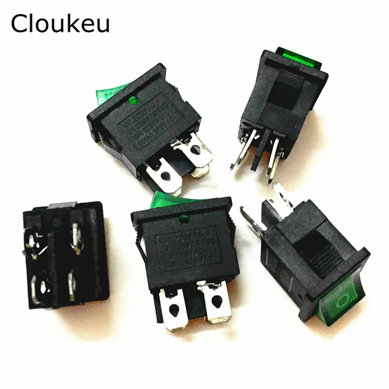 

5Pcs 15*21MM Rocker Switch Green With lamp KCD1-104N 4Pin 2File Seesaw switch 6A250V 10A125V Power switch