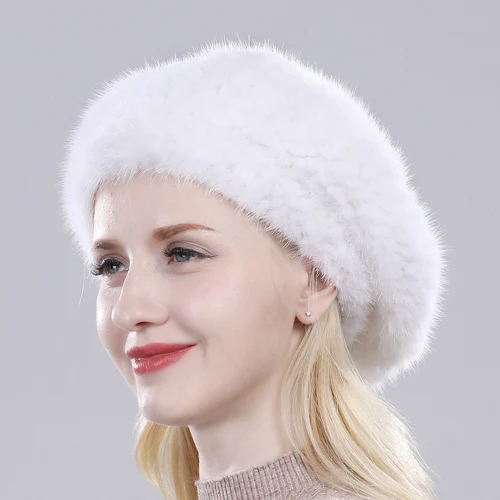 white Новая модная зимняя женская шапка из натурального меха норки, настоящие шапочки с мехом норки, теплая мягкая вязаная шапка ручной работы, настоящая норковая шапка - Цвет: white