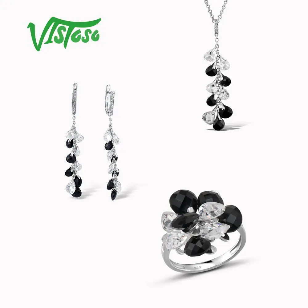 VISTOSO Ювелирные наборы для женщин сверкающие Роскошные серьги с черным ониксом