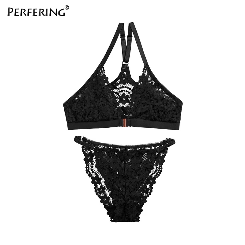 BLACK Perfering, сексуальный комплект с бюстгальтером, бюстгальтер с застежкой спереди и трусики для женщин, нижнее белье, бюстгальтер без косточек, глубокий v-образный вырез, кружевное белье, ультратонкое - Цвет: BLACK