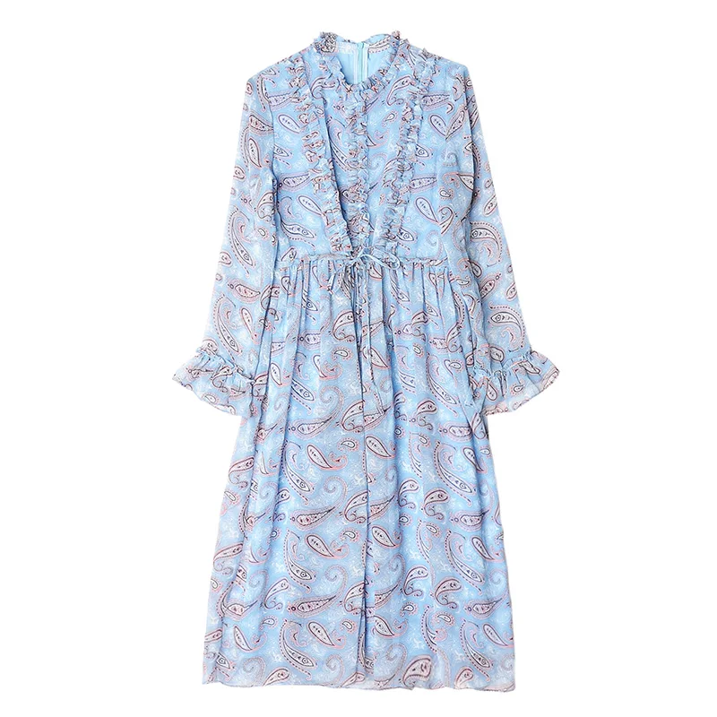 

2019 Spring and summer new women's retro blue dress chiffon ruffled collar dress for lady long sleeve brand dresses girls robe