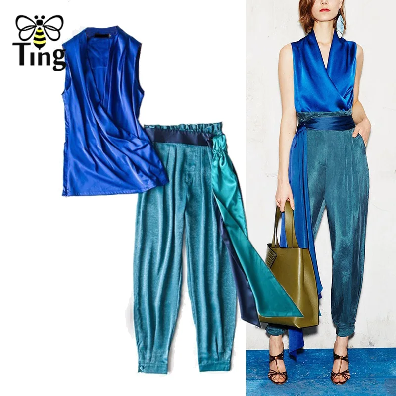 Женский сатиновый Топ Tingfly топ с глубоким треугольным вырезом и брюки кисточками