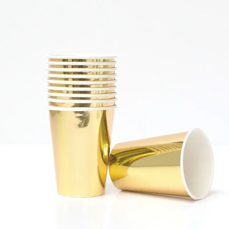 cups 6pcs Одноразовые наборы посуды фольгированные бумажные тарелки и стаканы соломинки салфетки горячего тиснения свадебные и вечерние столовые приборы Золотой/Серебряный - Цвет: cups 6pcs