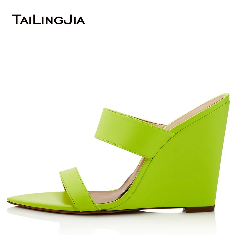 

Neon Wedge Sandals Woman 2022 Summer Wedges Shoes for Women Ladies Gold High Heels Pointed Open Toe Pink Mules Footwear Fashion