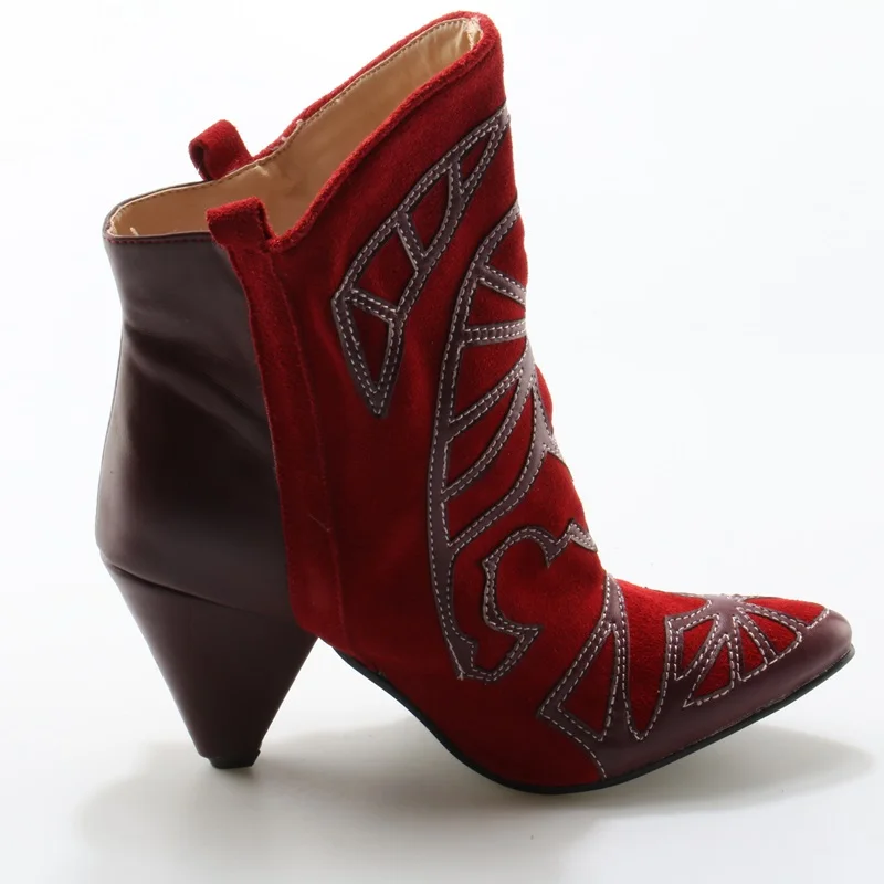 

Fashion Burgundy Suede Leather Women Pointy Toe Ankle Boots Leather Patchwork Ladies Finger Heel Boots Slip On Knight Boots