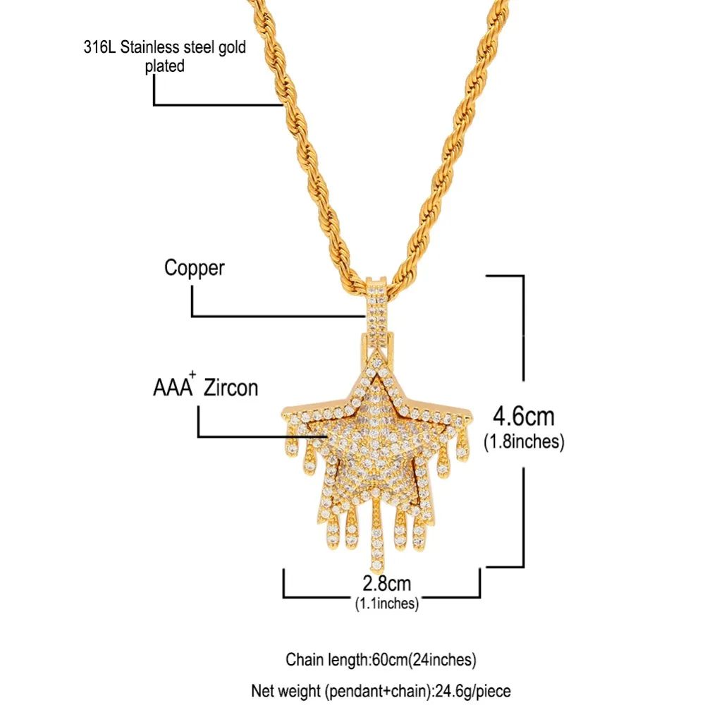 Кулон в виде капли звезды из фианита золотого и серебряного цвета модное