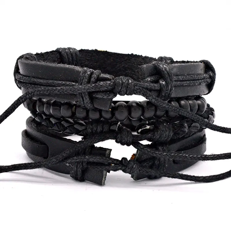 IWrist Мужской винтажный многослойный крючок настоящий черный модный кожаный