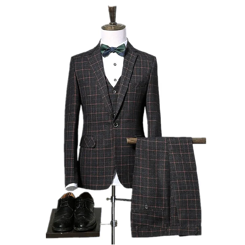 Пиджак + брюки жилет высокое качество клетчатые свадебные костюмы для мужчин