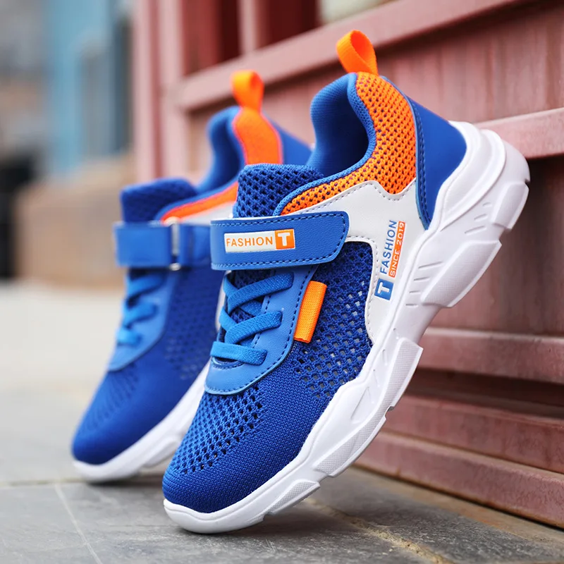 blue orange ULKNN кроссовки для мальчиков детская спортивная обувь версия дышащая Летающая тканая Нескользящая износостойкая детская повседневная обувь - Цвет: blue orange