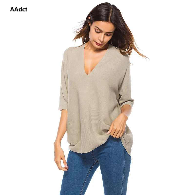 AAdct 2018 Autumn New Women pullover jumper Sweater Loose mid-sleeve Knitting female sweaters Low V-neck women's light sweater | Женская