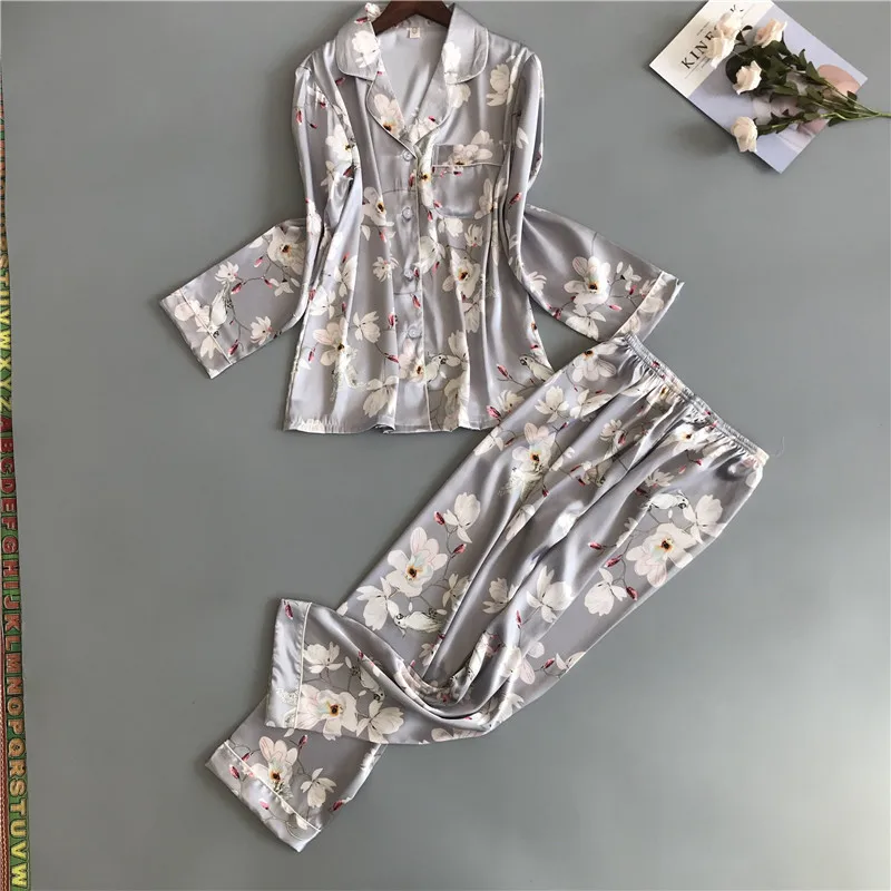 Лето 2019 женские пижамные комплекты с брюками Модная шелковая пижама цветочным