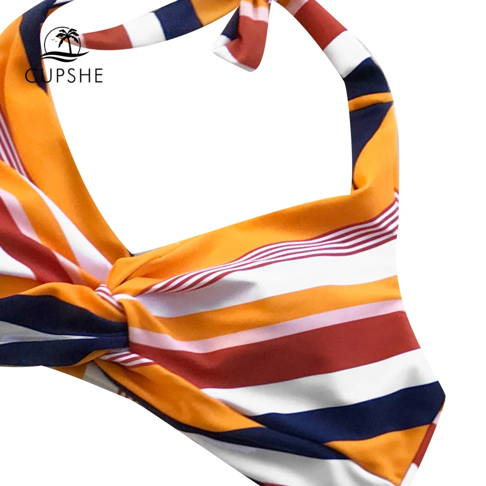 Женский купальник CUPSHE бикини на бретельках в полоску темно синего и оранжевого