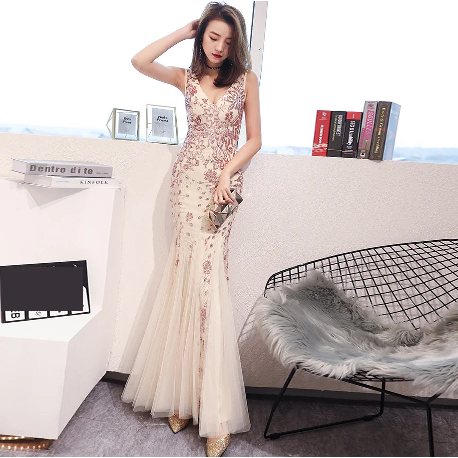 Женское вечернее платье русалка длинное облегающее из полиэстера с блестящими