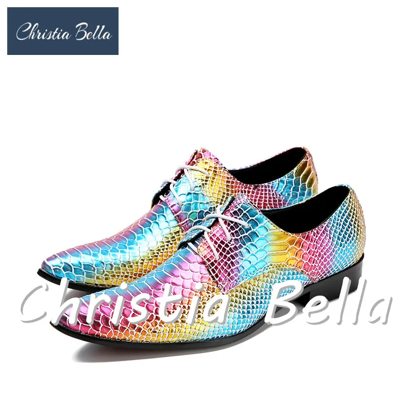 

Christia Bella итальянский Стиль из разукрашенной кожи для мужчин; Обувь в деловом стиле; Вечерние без шнуровки Туфли-оксфорды с острым носком; Цвета радуги Цвет мужской Туфли под платье