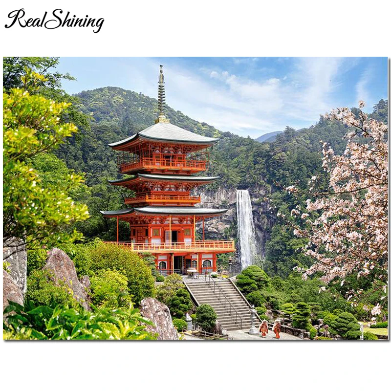 Japanese Temple SAKURA mosaic diamond painting full drill square round 5d diamant nature embroidery sale FS6565 | Дом и сад