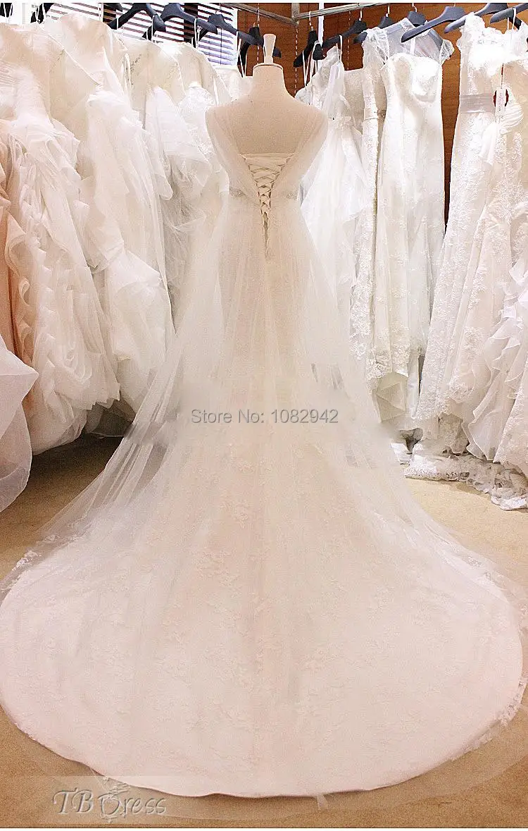 2015 New Hot White/Ivory Gorgeous Capped Mermaid Beads Court Train Lace Wedding Dress | Свадьбы и торжества