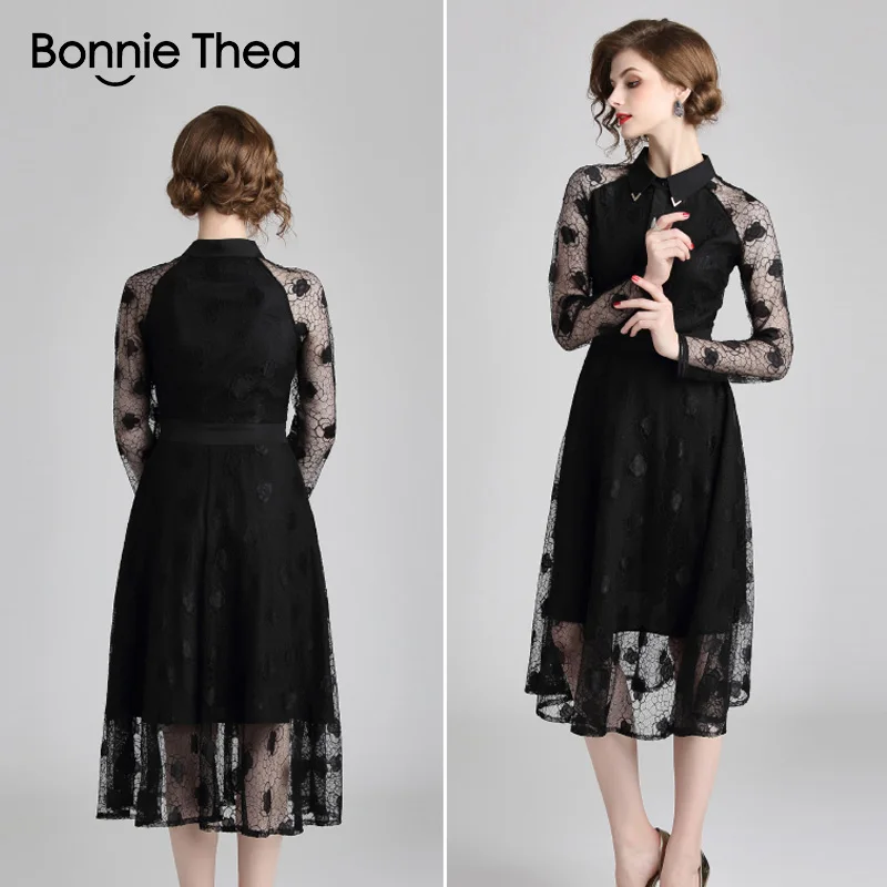Женское черное кружевное длинное платье Bonnie Thea женское осеннее с длинным рукавом