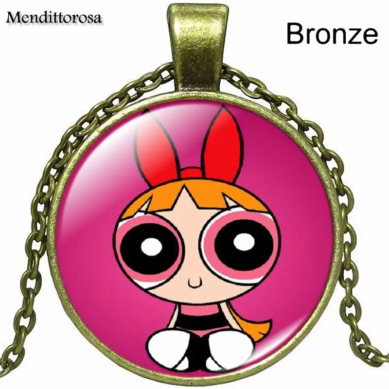 as picture Powerpuff девушки Powerpuff Девушки серии Мода стекло кулон с кабошоном для школьниц Макси ожерелье - Окраска металла: as picture