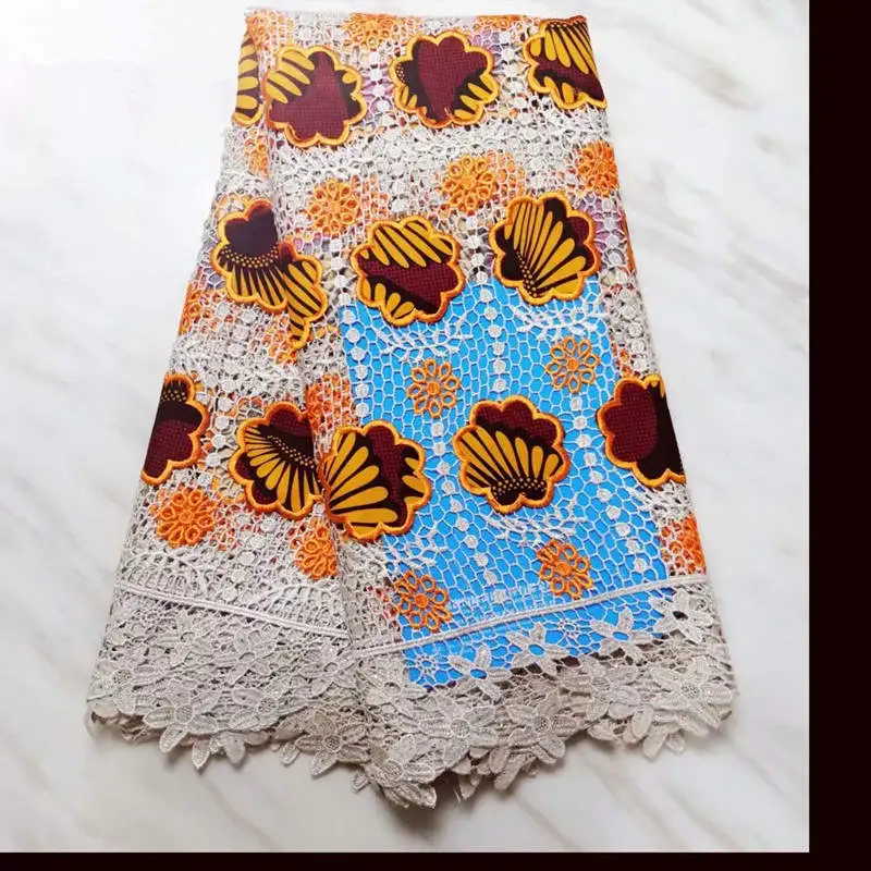 

New Arrival African Guipure Lace Fabric High Quality Water Soluble Cord Lace With Wax Prints Dress Fabrics 5 Yards! PLF526