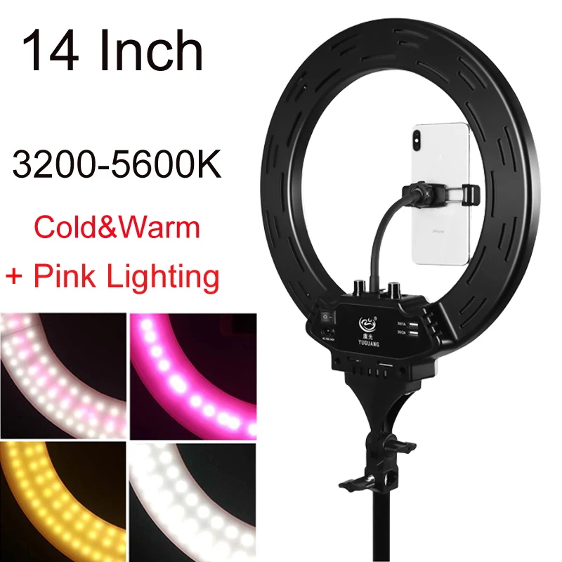 Photographic Lighting 14 Inch LED Ring Light 35cm 3200-5600K add Pink Lighting Selfie Lamp for youtube Video with Phone Holder