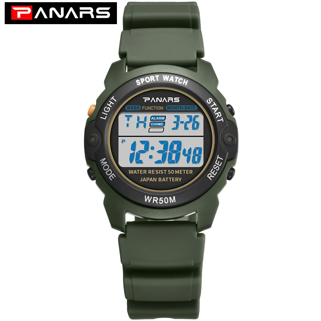 Army Green PANARS Outdoor Sports Watch Digital Watches Mens Waterproof Alarm Clock 5Bar LED Black Fashion Watch Mens Chronograph Watch - Цвет: Army Green