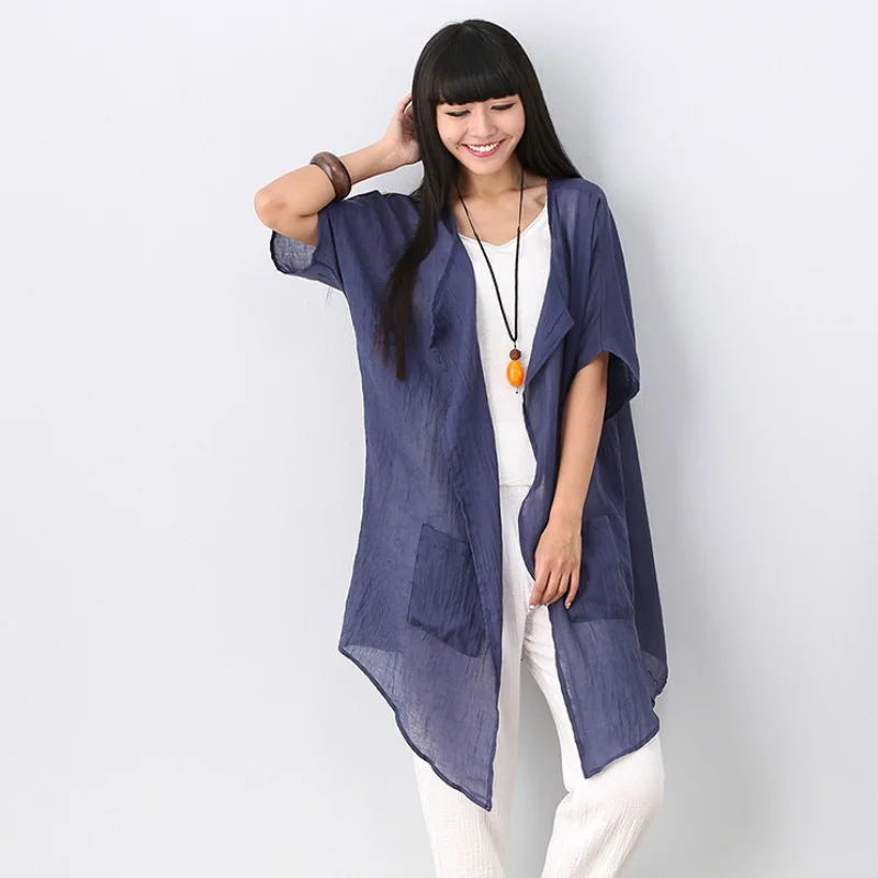 Летняя женская блузка из хлопка и льна свободная солнцезащитная одноцветная