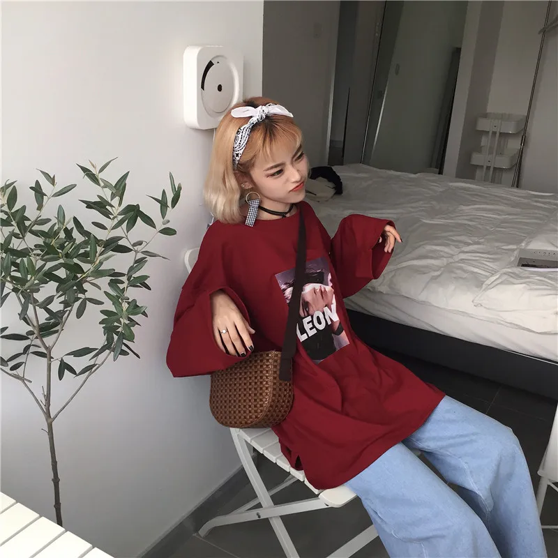 Женская рубашка Топ весна корейский Ulzzang Harajuku с принтом персонажей летучей мыши с длинным рукавом Женская Повседневная футболка с круглым вырезом