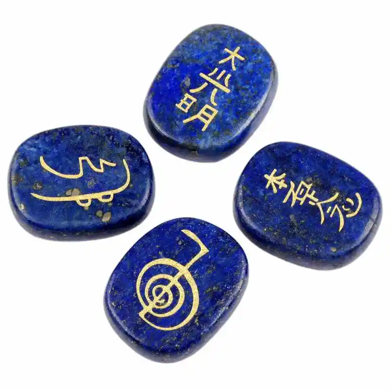 Lapis Lazuli Usui TUMBEELLUWA 4 шт./компл. исцеляющий Рейки Кристалл выгравированы Usui/треугольник/Ангел/Таро символов Овальный пальмовый камень Гладкий отполированный драгоценный камень - Цвет: Lapis Lazuli Usui