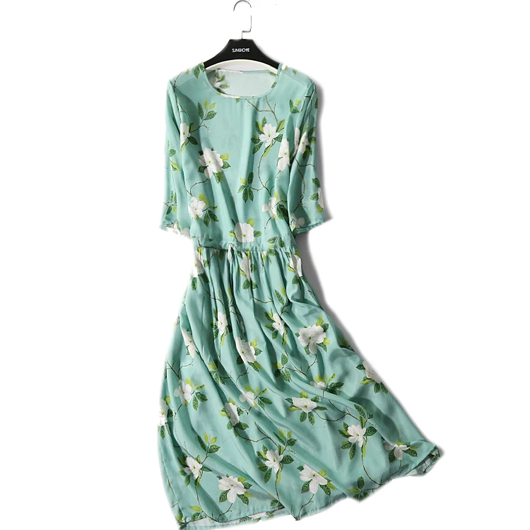 Новое шелковое платье 2019 с большим принтом длинным маятниковым воротником и