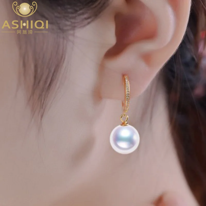 

ASHIQI 8-8.5mm Akoya Pearl Earrings Natural pearls for women Classic Perfectly Round 925 Sterling Silver hoop earrings
