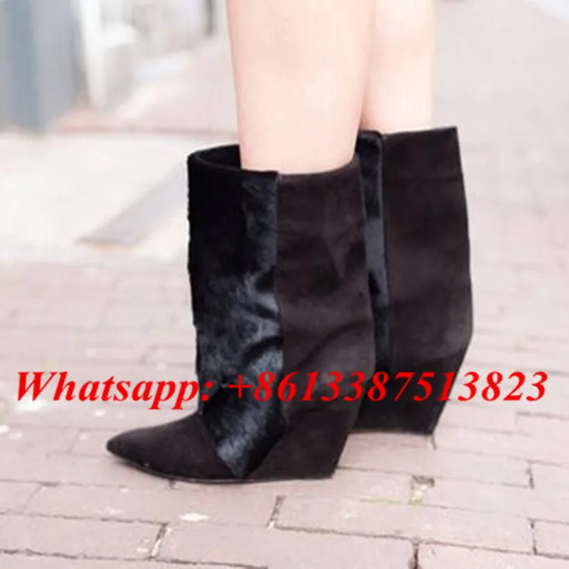 Черные замшевые конский волос в стиле пэчворк женские ботинки на танкетке с