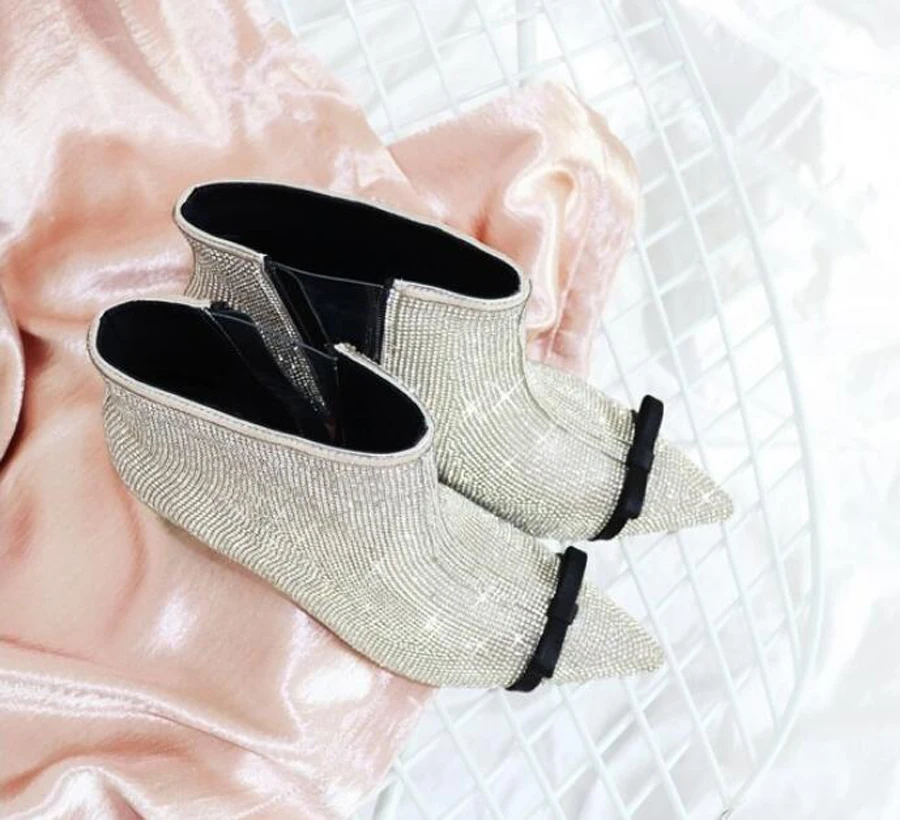 

Stylesowner bling bling crystal pointed toe ankle boots women rhinestones mixed color bowtie decor short boots kitted heel shoes