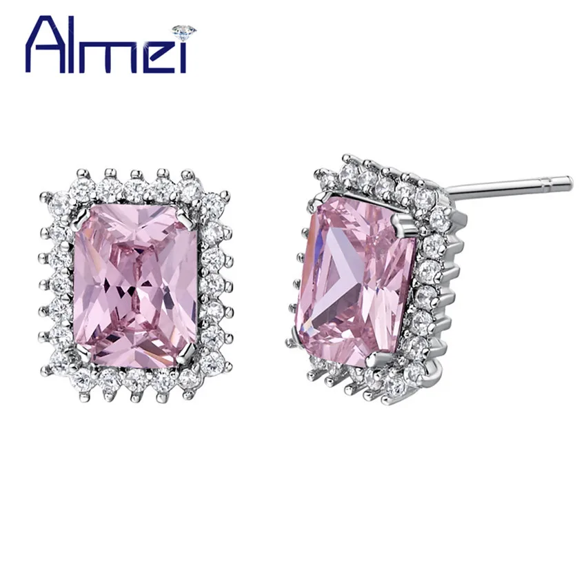 

Almei квадратные зеленые серьги с цирконием, модные Кристальные синие, розовые, Серебристые серьги-гвоздики, Brincos 2017, Женские Ювелирные издели...