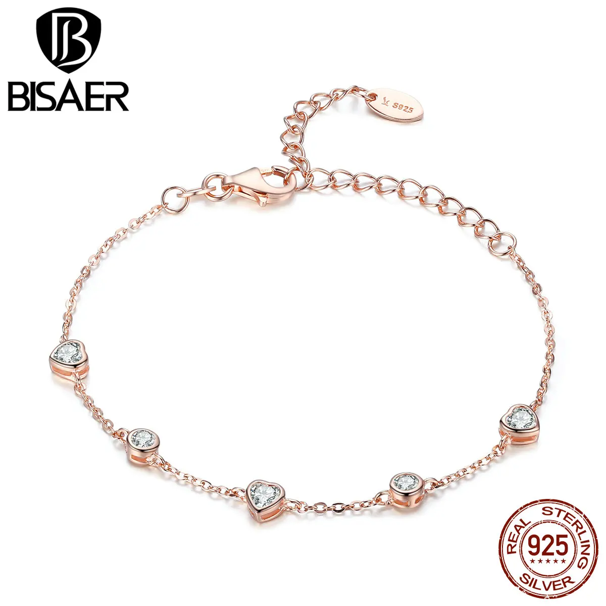 BISAER, подлинные 925 пробы, серебряная цепочка, звено, сердце, золото, цвет, сердце, женские браслеты, Стерлинговое Серебро, ювелирное изделие, Pulseira ECB097
