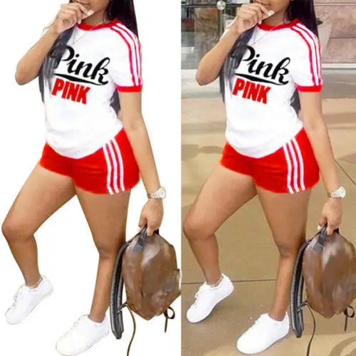 Розовый костюм женский комплект 2 шт. с буквенным принтом спортивный больших