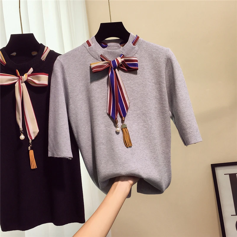 Осень 2019 вязаная футболка женский свитер с бантом футболки топы | Женская одежда