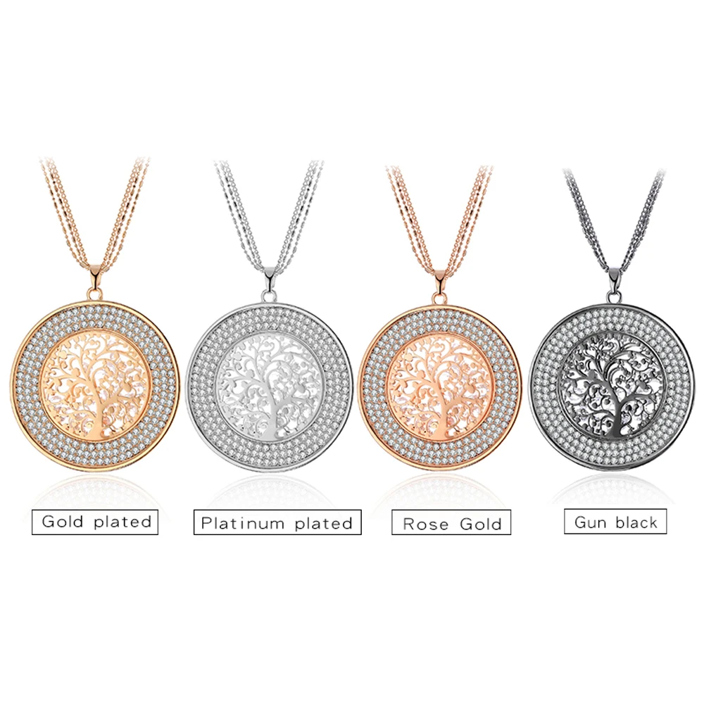 Hollow Inside Crystal Round Tree of life Necklaces& Pendants Long Sweater Chains Crystal Necklace For Women Statement Jewelry