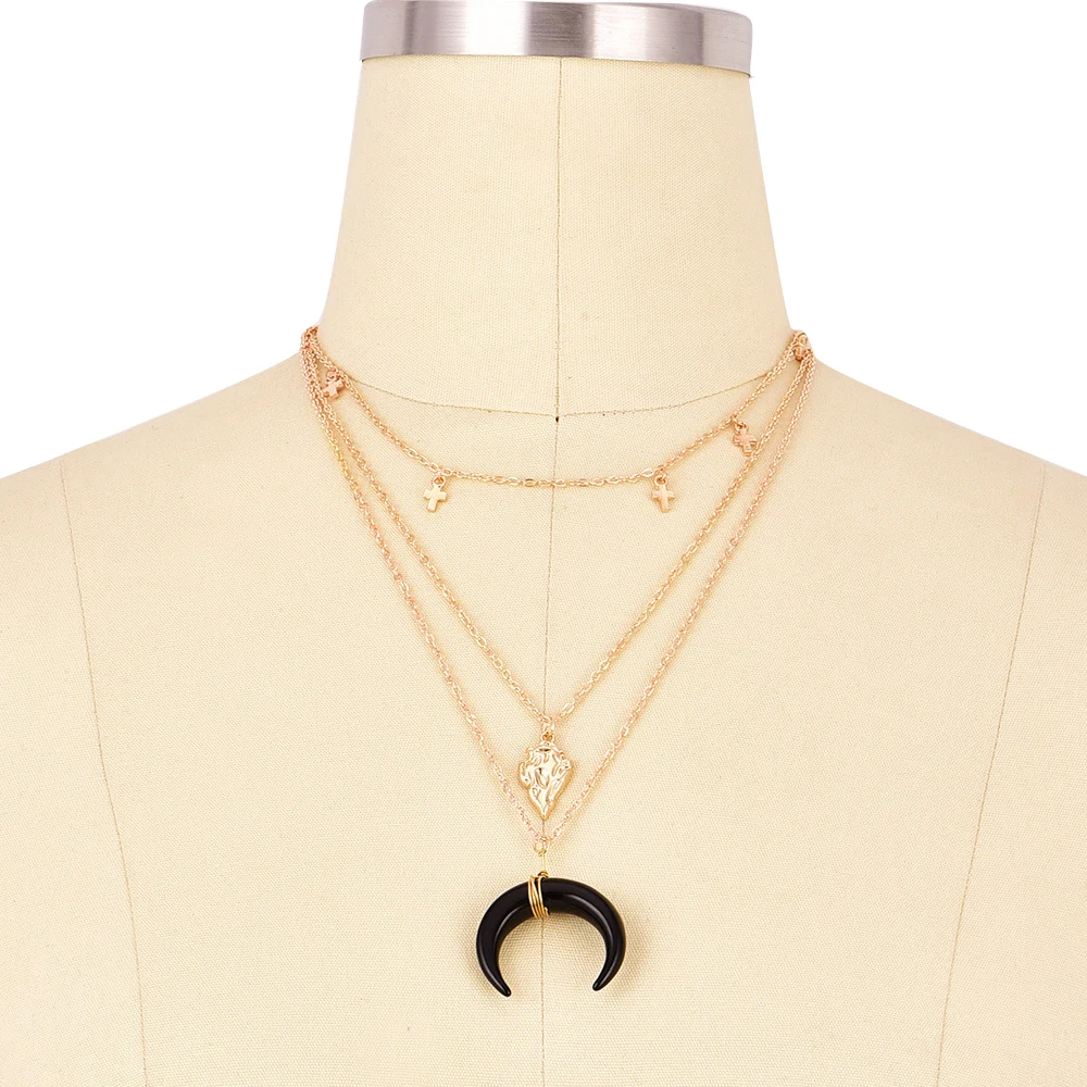MAA-OE Vintage Fashion Gold Metal Pendant Necklaces For Women Boho Black Moon Stone Cross Geometry Multi Layer Necklace Jewelry | Украшения
