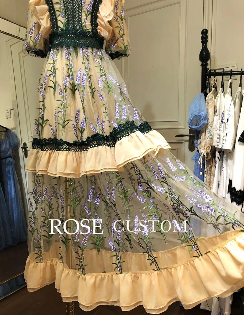 Red RoosaRosee Designer Runway Women Sexy V Neck Elegant Flower Embroidery Luxury Party Dress Lace Midi Mesh Vestidos Robe Femme